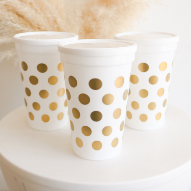 White & Gold Polka Dot Party Cups w/Lids (set of 25)